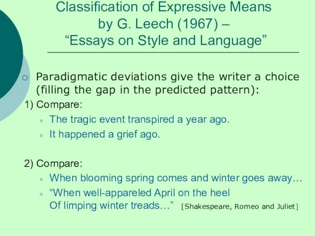 Classification of Expressive Means by G. Leech (1967) – “Essays