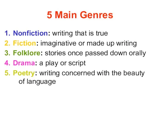 5 Main Genres Nonfiction: writing that is true Fiction: imaginative