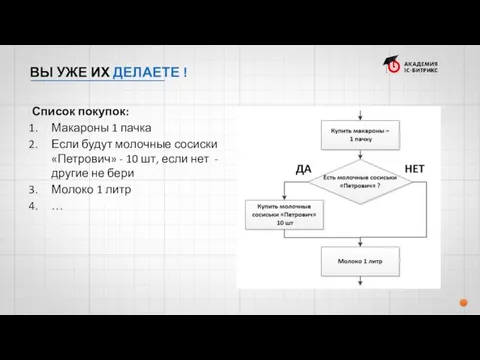 Список покупок: Макароны 1 пачка Если будут молочные сосиски «Петрович»