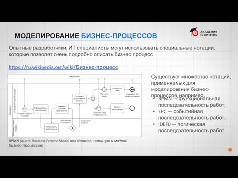 МОДЕЛИРОВАНИЕ БИЗНЕС-ПРОЦЕССОВ BPMN — функциональная последовательность работ; EPC — событийная