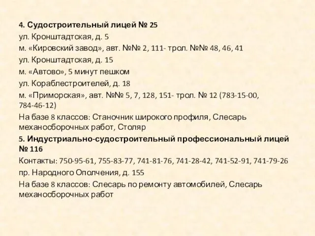 4. Судостроительный лицей № 25 ул. Кронштадтская, д. 5 м.