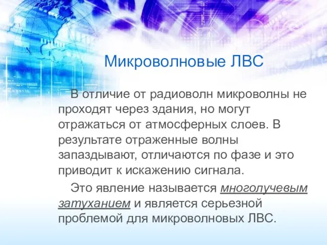 Микроволновые ЛВС В отличие от радиоволн микроволны не проходят через