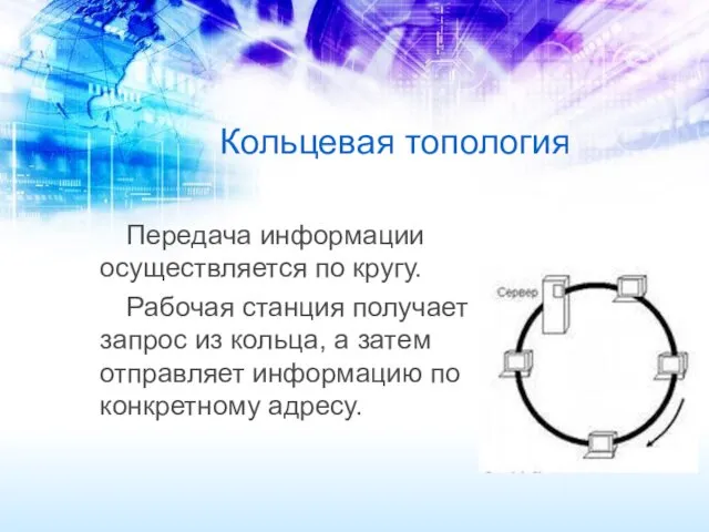 Кольцевая топология Передача информации осуществляется по кругу. Рабочая станция получает