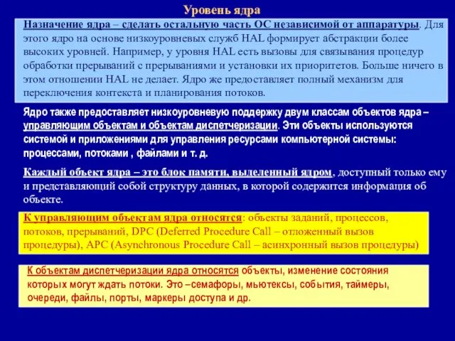 Уровень ядра Назначение ядра – сделать остальную часть ОС независимой