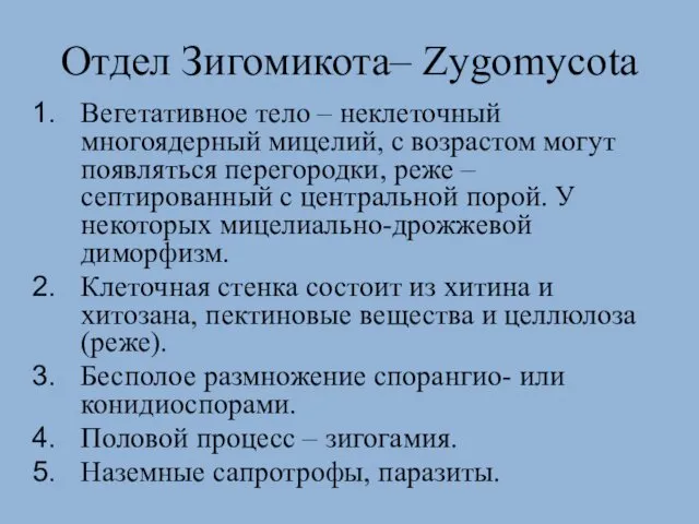 Отдел Зигомикота– Zygomycota Вегетативное тело – неклеточный многоядерный мицелий, с