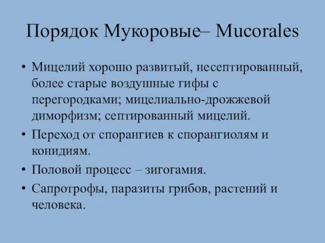 Порядок Мукоровые– Mucorales Мицелий хорошо развитый, несептированный, более старые воздушные