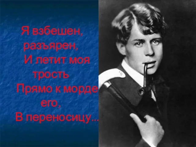 Я взбешен, разъярен, И летит моя трость Прямо к морде его, В переносицу...