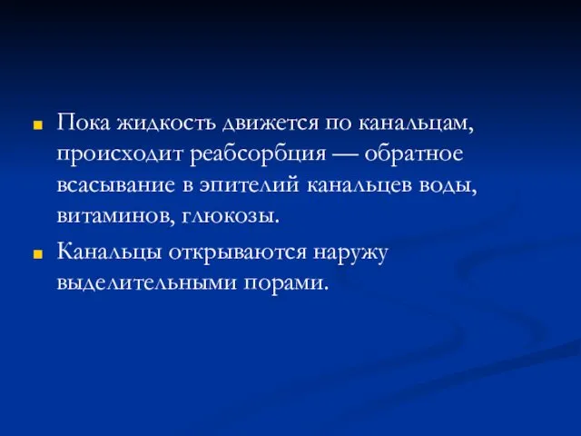 Пока жидкость движется по канальцам, происходит реабсорбция — обратное всасывание