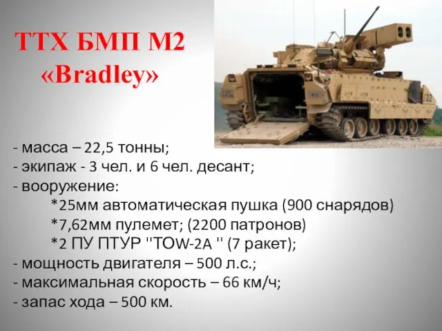 ТТХ БМП М2 «Bradley» - масса – 22,5 тонны; -