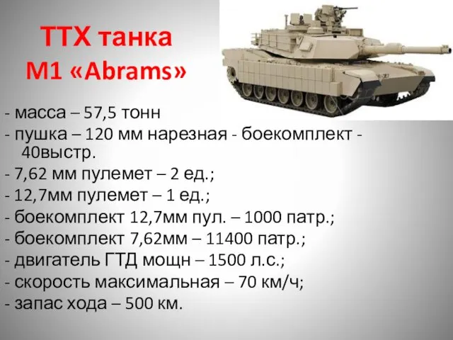 ТТХ танка M1 «Abrams» - масса – 57,5 тонн -