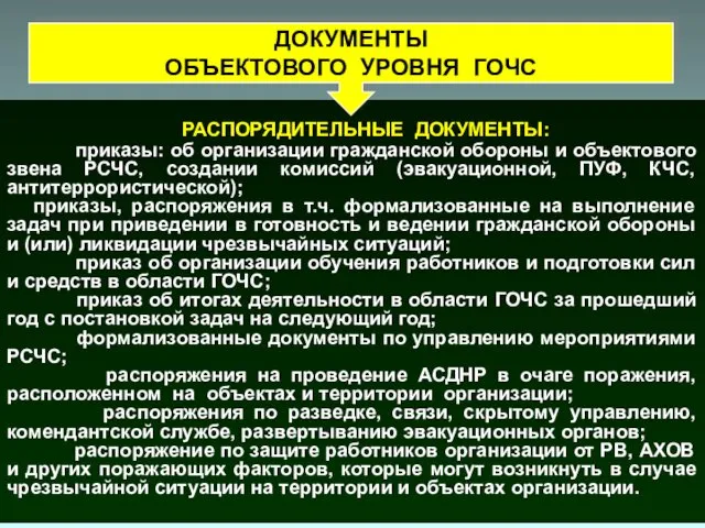 РАСПОРЯДИТЕЛЬНЫЕ ДОКУМЕНТЫ: приказы: об организации гражданской обороны и объектового звена