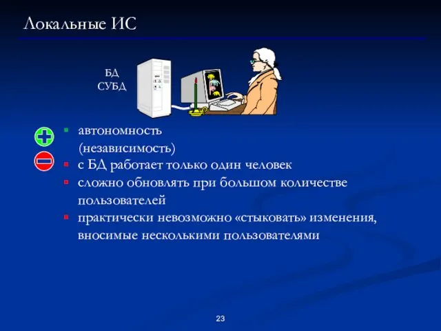 Локальные ИС автономность (независимость) с БД работает только один человек