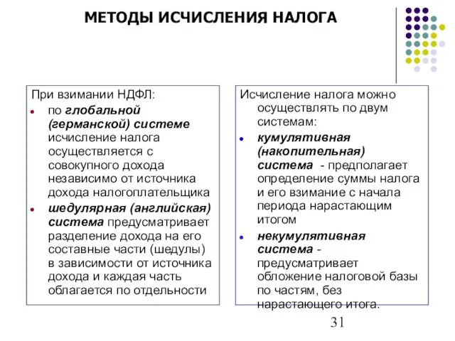 МЕТОДЫ ИСЧИСЛЕНИЯ НАЛОГА При взимании НДФЛ: по глобальной (германской) системе