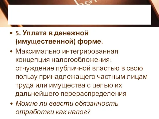 5. Уплата в денежной (имущественной) форме. Максимально интегрированная концепция налогообложения: