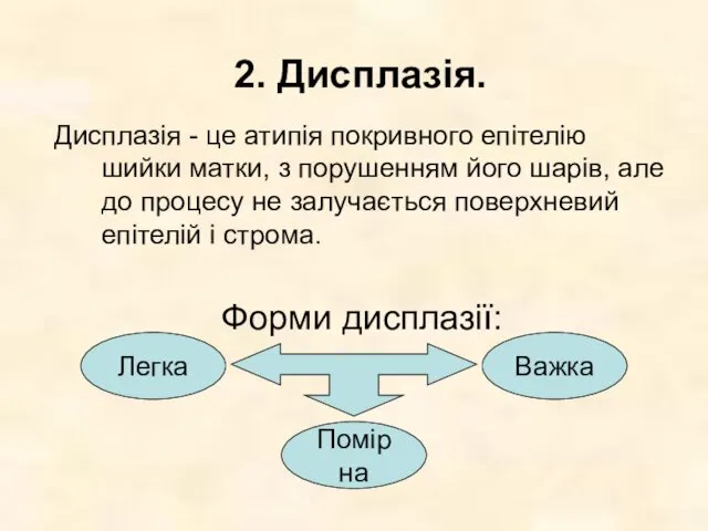 2. Дисплазія. Дисплазія - це атипія покривного епітелію шийки матки,