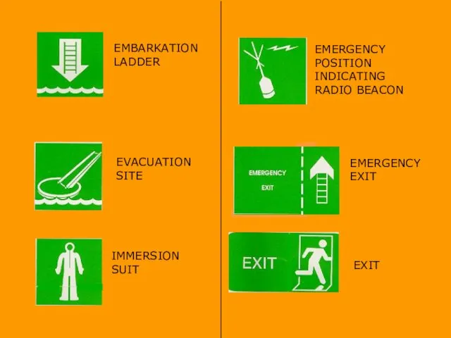 EMBARKATION LADDER EVACUATION SITE IMMERSION SUIT EMERGENCY POSITION INDICATING RADIO BEACON EMERGENCY EXIT EXIT