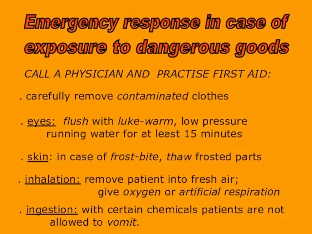 CALL A PHYSICIAN AND PRACTISE FIRST AID: . carefully remove contaminated clothes .