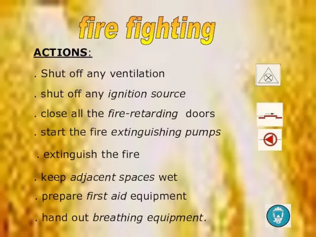fire fighting ACTIONS: . Shut off any ventilation . shut off any ignition