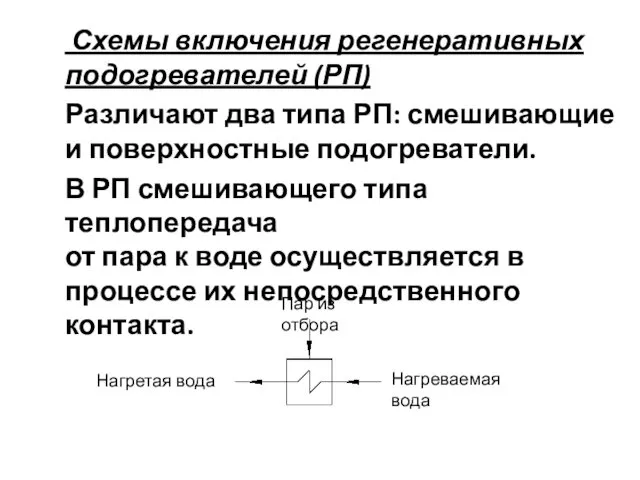 Схемы включения регенеративных подогревателей (РП) Различают два типа РП: смешивающие