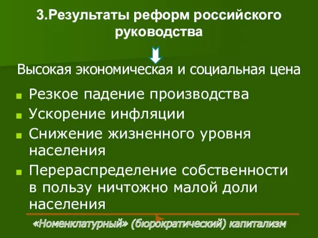 3.Результаты реформ российского руководства Резкое падение производства Ускорение инфляции Снижение