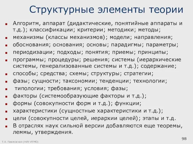 Структурные элементы теории Алгоритм, аппарат (дидактические, понятийные аппараты и т.д.);