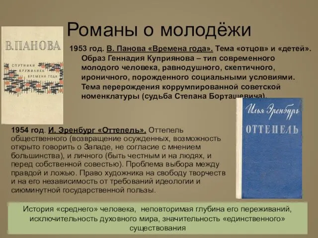 Романы о молодёжи 1953 год. В. Панова «Времена года». Тема