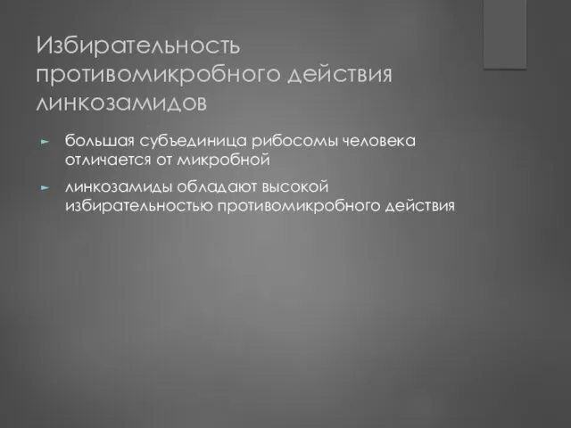 Избирательность противомикробного действия линкозамидов большая субъединица рибосомы человека отличается от