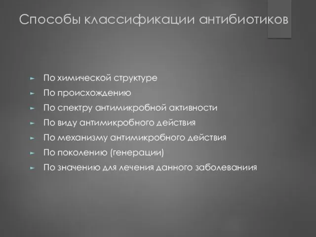 Способы классификации антибиотиков По химической структуре По происхождению По спектру