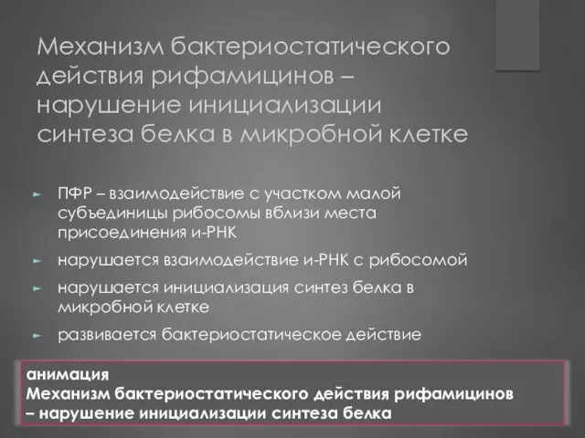 Механизм бактериостатического действия рифамицинов – нарушение инициализации синтеза белка в