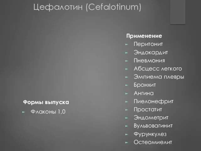 Цефалотин (Cefalotinum) Применение Перитонит Эндокардит Пневмония Абсцесс легкого Эмпиема плевры