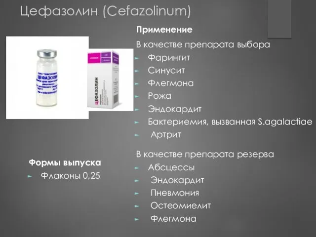 Цефазолин (Cefazolinum) Формы выпуска Флаконы 0,25 Применение В качестве препарата