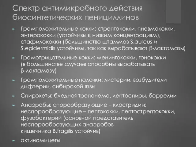 Спектр антимикробного действия биосинтетических пенициллинов Грамположительные кокки: стрептококки, пневмококки, энтерококки