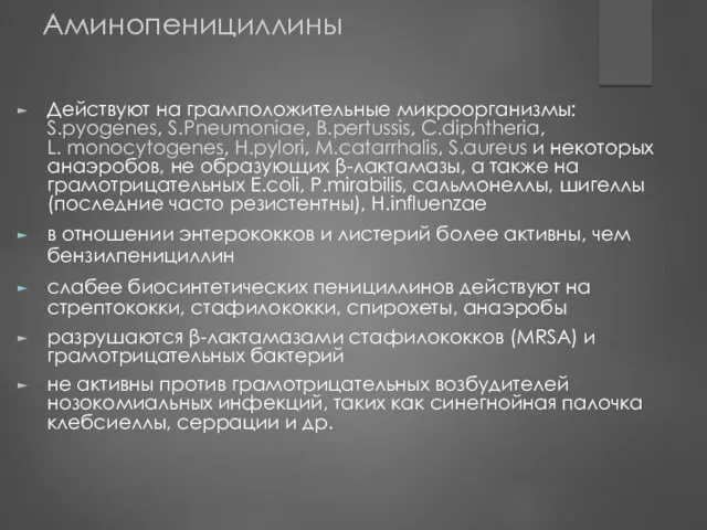 Аминопенициллины Действуют на грамположительные микроорганизмы: S.pyogenes, S.Pneumoniae, B.pertussis, C.diphtheria, L.