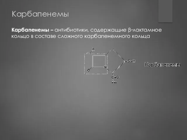 Карбапенемы Карбапенемы – антибиотики, содержащие β‑лактамное кольцо в составе сложного карбапенемного кольца