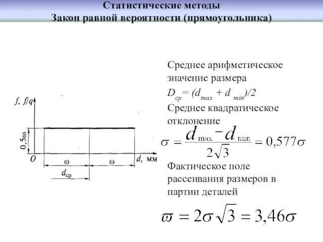 Статистические методы Закон равной вероятности (прямоугольника) Среднее арифметическое значение размера