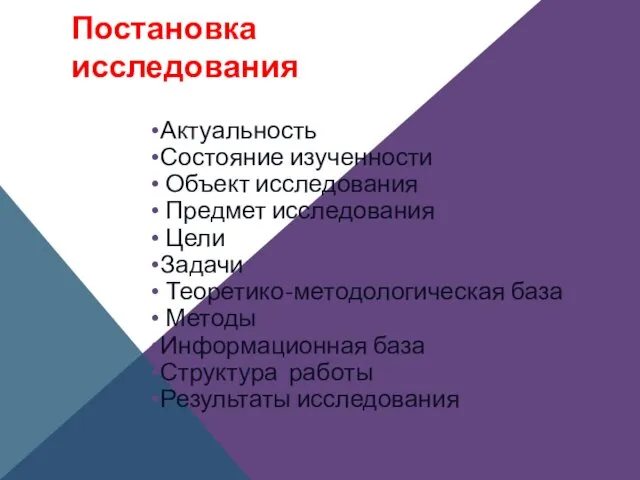 Постановка исследования Актуальность Состояние изученности Объект исследования Предмет исследования Цели