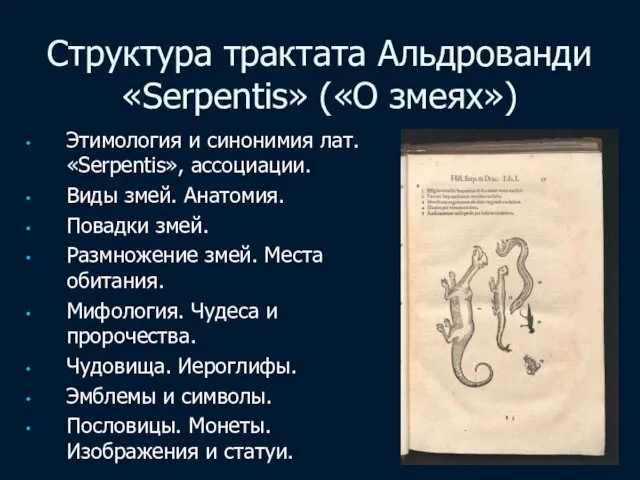 Структура трактата Альдрованди «Serpentis» («О змеях») Этимология и синонимия лат. «Serpentis», ассоциации. Виды