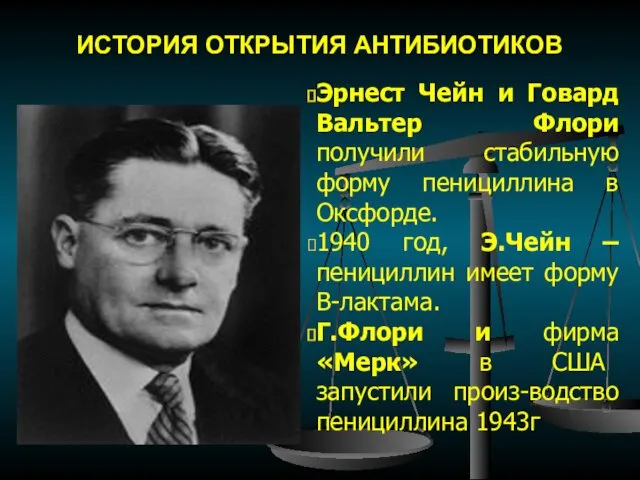 ИСТОРИЯ ОТКРЫТИЯ АНТИБИОТИКОВ Эрнест Чейн и Говард Вальтер Флори получили