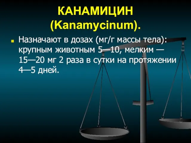 КАНАМИЦИН (Kanamycinum). Назначают в дозах (мг/г массы тела): крупным животным