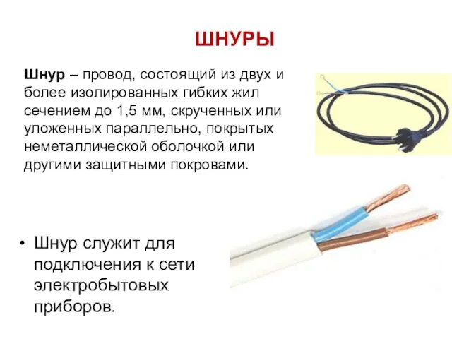 ШНУРЫ Шнур служит для подключения к сети электробытовых приборов. Шнур