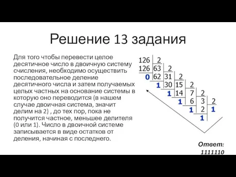 Решение 13 задания Для того чтобы перевести целое десятичное число