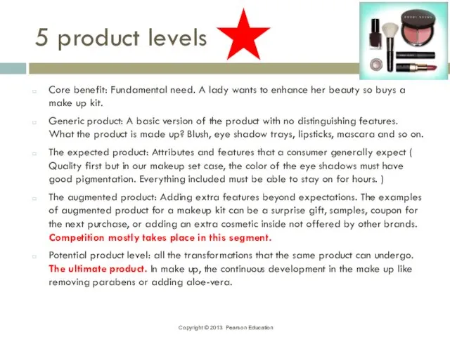 5 product levels Core benefit: Fundamental need. A lady wants