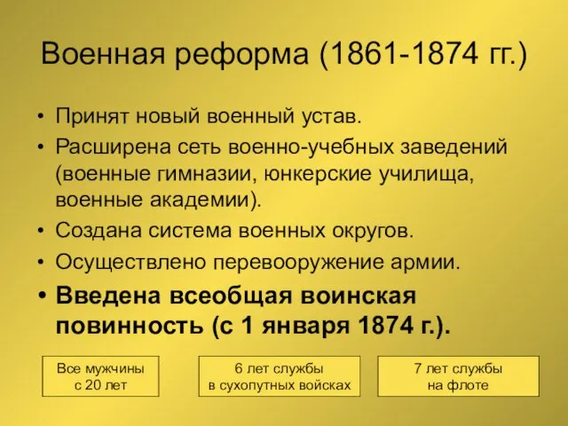 Военная реформа (1861-1874 гг.) Принят новый военный устав. Расширена сеть