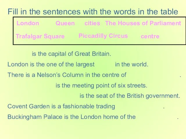 Fill in the sentences with the words in the table is the capital