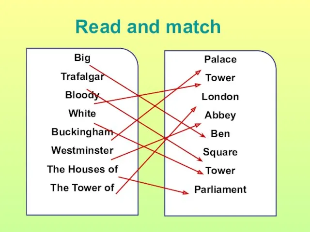 Read and match Big Trafalgar Bloody White Buckingham Westminster The Houses of The