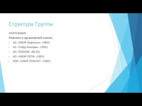 Структура Группы НЕФТЕХИМИЯ Пластики и органический синтез: АО «СИБУР-Нефтехим» (100%)