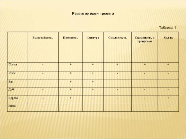 Развитие идеи проекта Таблица 1