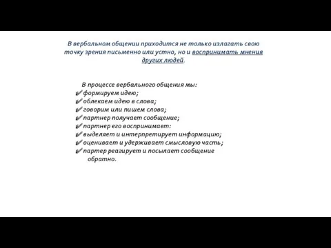 В процессе вербального общения мы: формируем идею; облекаем идею в слова; говорим или