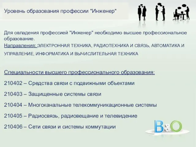 Для овладения профессией "Инженер" необходимо высшее профессиональное образование. Направления: ЭЛЕКТРОННАЯ