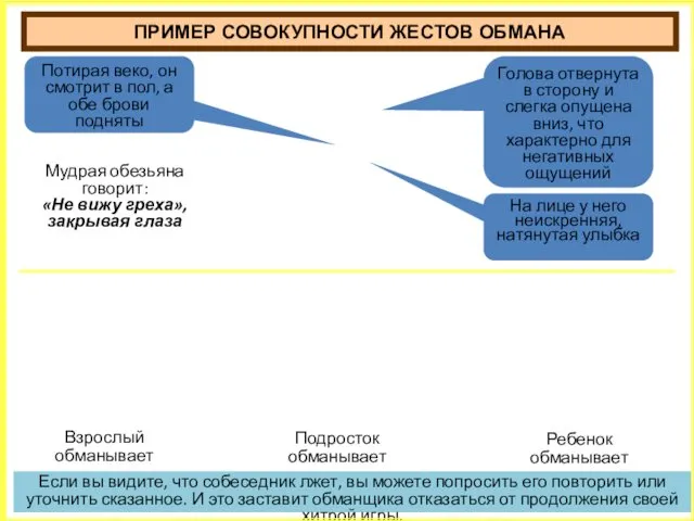 Потирая веко, он смотрит в пол, а обе брови подняты